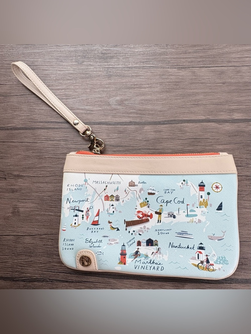 Cape Cod Map Wristlet Bag in Light Blue and Beige